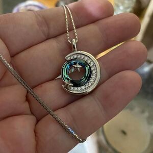 Moon & Star Blue Green Austrian Crystal Necklace
